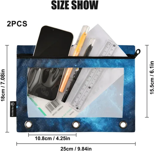 Vista 3 de SHJI Bolsas para carpetas, estuche para lápices Star Galaxy para carpetas de 3 anillas, paquete de 2 bolsas transparentes con cremallera
