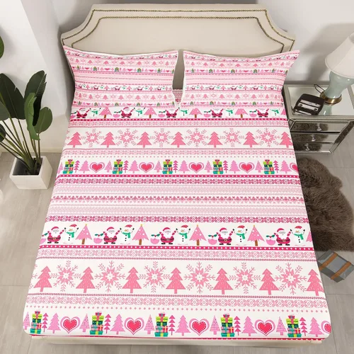 Vista 29 de Juego de sábanas con diseño de Papá Noel y muñeco de nieve para niños, niñas y niños, de temática navideña, juego de cama con diseño de árbol