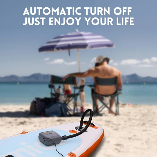 Vista 6 de Bomba de tabla de remo, bomba de aire eléctrica SUP, función de desinflación, apagado automático, conector de coche de 12 V CC para tabla de remo