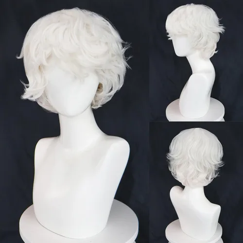 Vista 6 de Peluca rizada blanca para hombre, peluca corta y esponjosa para Blanco