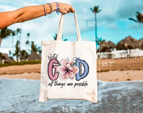 Vista 2 de With God All Things Are Possible - Bolsa de lona para mujer, flores estéticas, reutilizables, bolsas de comestibles, regalos cristianos
