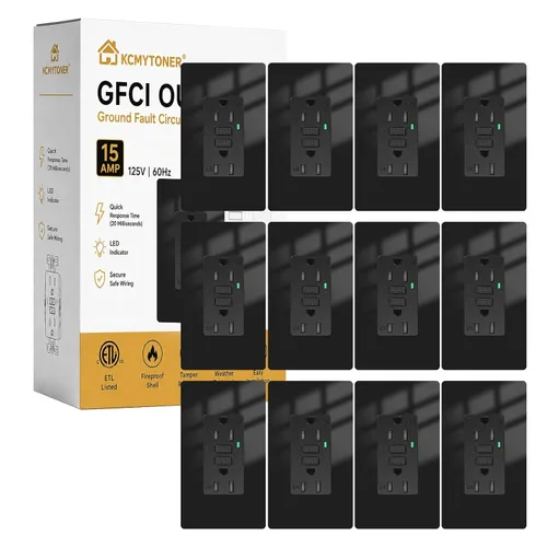 Vista 22 de Toma GFCI negra de 15 amperios con puertos USB C y USB-A, 1 unidad de 24 W de autotprueba GFCI USB Combo con indicador LED, resistente a