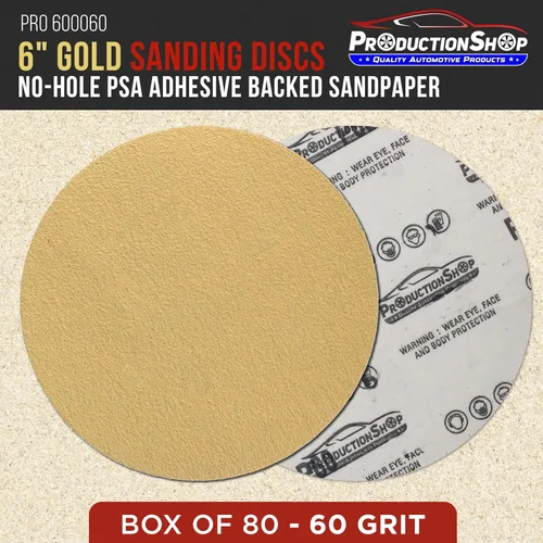 Vista 2 de ProductionShop Discos de lijado dorados PSA de grano 60 de 6 pulgadas, caja de 80 unidades, papel de lija abrasivo autoadhesivo para lijadoras