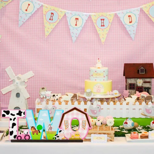 Vista 5 de Haooryx Centro de mesa de granja – Cartel rosa de animales de granja de madera, centro de mesa de granero, fiesta de cumpleaños, decoración