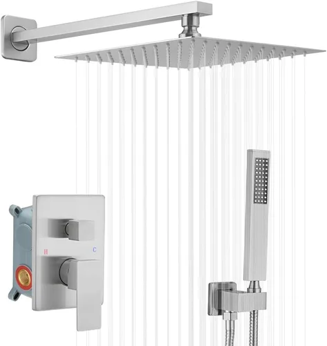 Vista 11 de Sistema de ducha dorado cepillado con cabezal de ducha de lluvia de alta presión de 20.3 cm, cabezal de ducha de mano, juego combinado