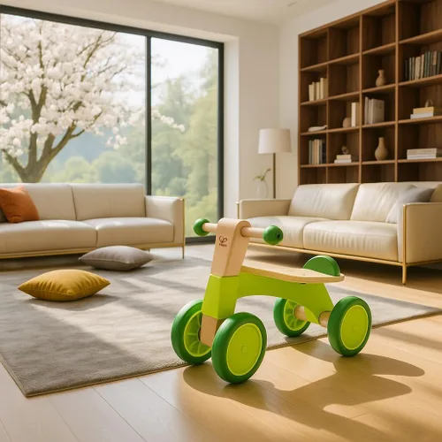 Vista 5 de Hape Scoot Around Ride On Bicicleta de madera Juguete galardonado de cuatro ruedas de madera para niños pequeños con ruedas de goma, verde