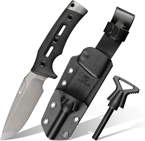 Vista 7 de HX OUTDOORS Cuchillo de Hoja Fija para Acampar con Iniciador de Fuego, Cuchillo de Supervivencia Bushcraft de Acero DC53 Premium con Espiga Completa