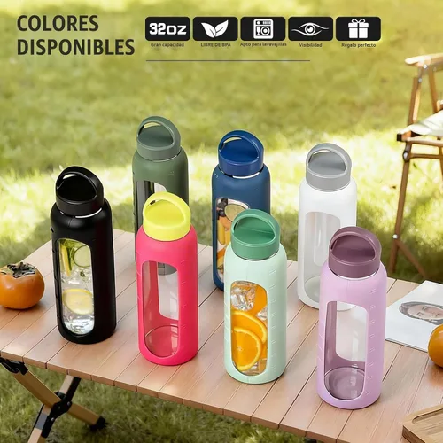 Vista 7 de Kodrine - Botella de agua de vidrio de 20 onzas con popote y 2 tapas para fácil transporte, con asa, funda de silicona y marcador de tiempo, botella