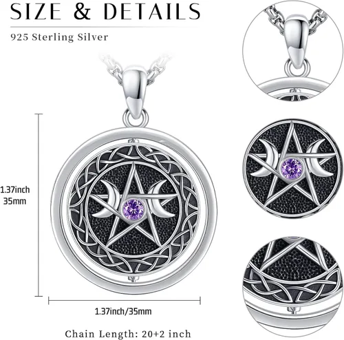 Vista 2 de Collar de diosa de triple luna de plata de ley 925 nudo celta pentagrama pentagrama colgante de pentáculo agano wiccano magia giratorio amuleto