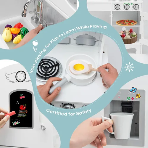 Vista 3 de GLACER Juego de cocina para niños con teléfono, juguetes Montessori de madera con luz y sonido, microondas, máquina de hielo, horno, fregadero