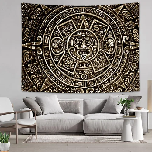 Vista 2 de Tapiz maya azteca para colgar en la pared, vista cercana de la historia del antiguo calendario azteca de la civilización maya, decoración artística
