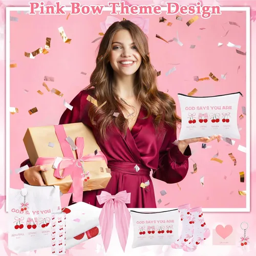 Vista 6 de Regalos de lazo rosa para mujeres, regalos de coqueta para niñas adolescentes, bonita canasta de regalo de lazo de cereza, ideas de regalo
