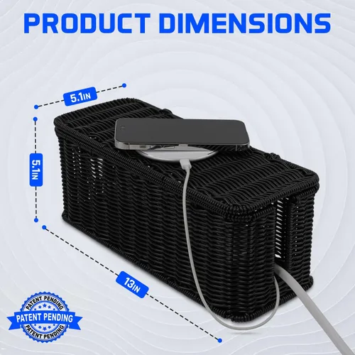 Vista 2 de Caja de organización de cables, organizador de cables de ratán hecho a mano con 2 ranuras abiertas, organizador de cables para regleta de Negro