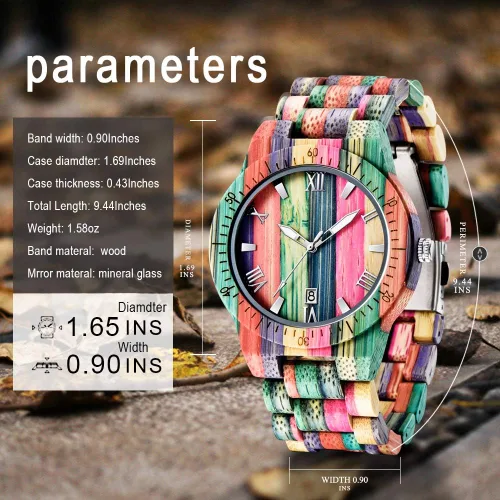 Vista 3 de Tiong Brand Wooden Watches Mens with Handmade Colorful Bamboo Wood Watch Analog Date Quartz Wooden Watch for Men