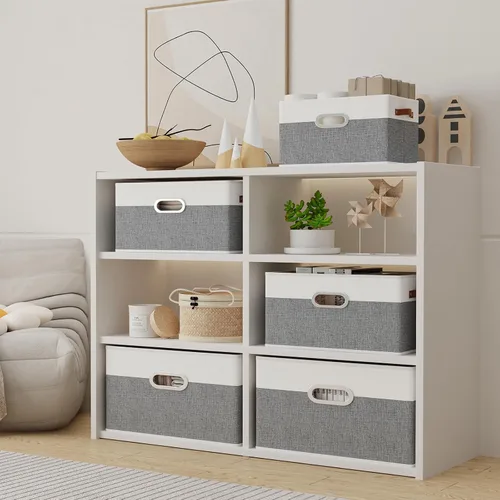 Vista 3 de Yawinhe Cestas de almacenamiento de tela, organizador plegable de armario para estantes, cajas grandes con 3 asas, contenedores de lona para ropa
