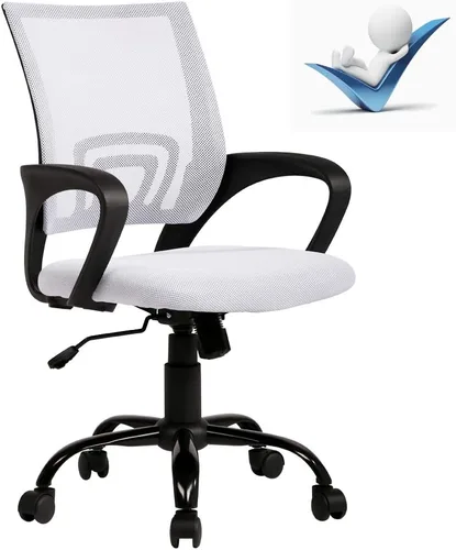 Vista 10 de Silla de oficina ergonómica de malla con respaldo medio, soporte lumbar, ajustable, giratoria, enrollable, silla de escritorio rosa con brazos