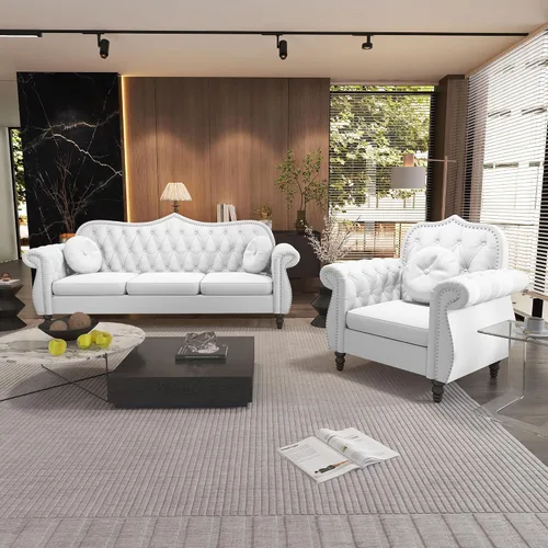 Vista 14 de AVZEAR Chesterfield - Juego de sofás seccional de 2 piezas para sala de estar, sofá tapizado en terciopelo moderno de mediados de siglo, sofá Blanco