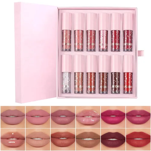 Vista 15 de Juego de 12 piezas de colección de brillo labial hidratante, 12 tonos 12 colores brillantes