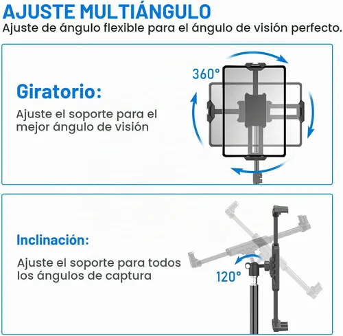 Vista 3 de Soporte de trípode para iPad, trípode ajustable de altura de 63 pulgadas para tableta, rotación de 360°, soporte para iPad mini/Air/Pro, teléfonos