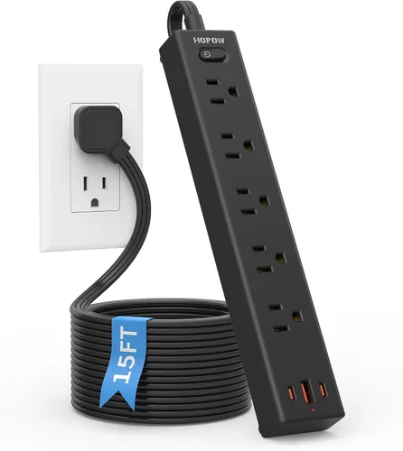 Vista 20 de HOPOW Regleta de alimentación de enchufe plano, cable de extensión ultrafino de 3 pies, protector de sobretensiones con 5 salidas y 3 puertos USB