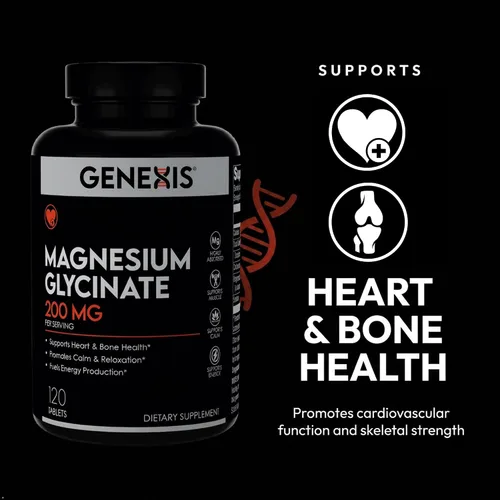 Vista 4 de Genexis Glicinato de magnesio 200 mg – Suplemento de magnesio de alta absorción – Apoya la salud del corazón, los huesos y los músculos, promueve