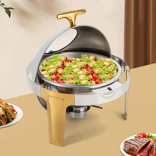 Vista 2 de Juego de bufé de platos de rozamiento enrollable de acero inoxidable de 6.3 cuartos de galón, con bandeja para alimentos y bandeja de agua