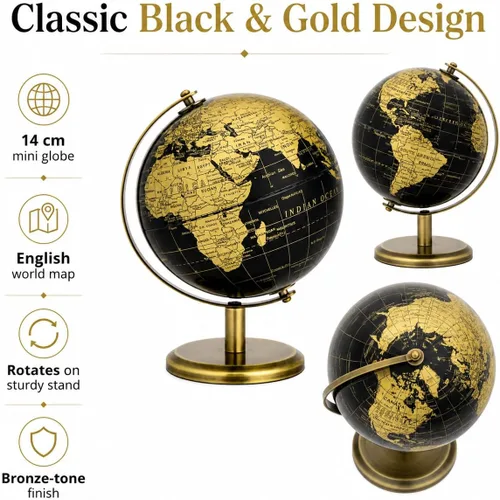 Vista 3 de Exerz 5,5 pulgadas mini globo mundial negro oro inglés mapa bronce soporte
