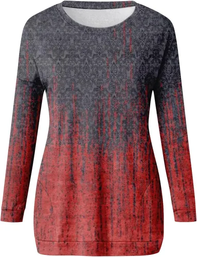 Vista 4 de JJHAEVDY Suéter de manga larga con cuello redondo para mujer, a la moda de otoño, con estampado casual, cómodo, con bolsillo