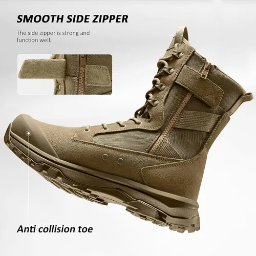 Vista 4 de Coostar Botas tácticas para hombre, ligeras, botas de combate militar, botas de trabajo con cremallera lateral, botas de motocicleta