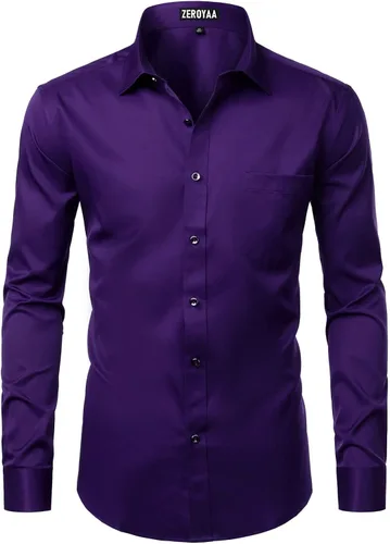 Vista 2 de ZEROYAA Camisas de vestir formales de manga larga con botones y bolsillo para hombre