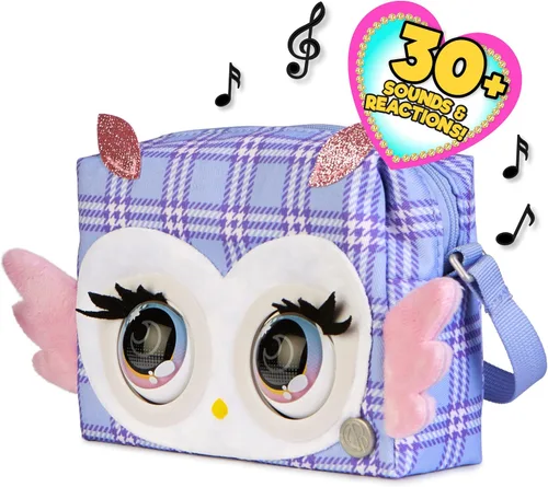 Vista 5 de Purse Pets, Print Perfect Hoot Couture Owl, juguete interactivo para mascotas y bolsa de hombro con más de 30 sonidos y reacciones, juguetes