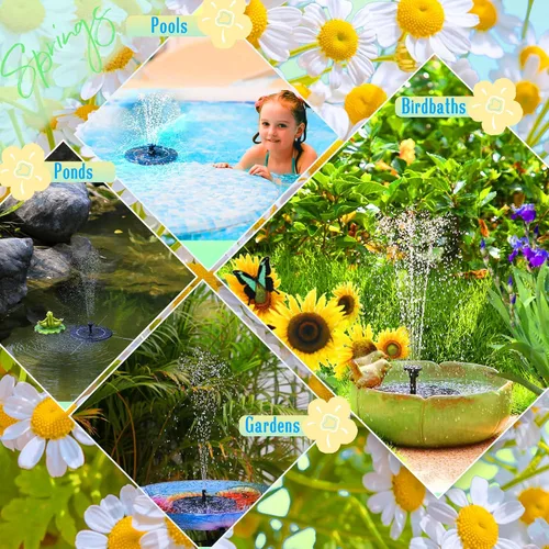 Vista 5 de AMZtime Fuente Solar de Agua, Fuentes Solares de Baño para Pájaros Mejoradas con 6 Boquillas, Bomba de Fuente Solar Flotante y Independiente