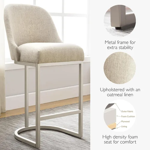 Vista 16 de Leick Home 214536 Barrelback Silla de comedor con base de metal, juego de 2, para comedor, asiento moderno de lino negro y base de metal dorado