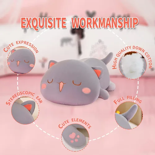 Vista 6 de FUYU Animales de peluche de gato, almohada de felpa suave de gato kawaii, juguete de animal de peluche, regalos para niños y niñas, decoración