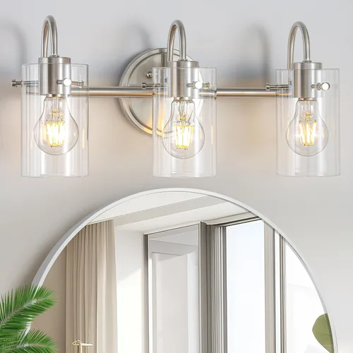 Vista 9 de 3 luces de tocador, lámparas de pared de baño negro mate sobre el espejo, aplique de pared moderno con pantalla de vidrio transparente, lámpara