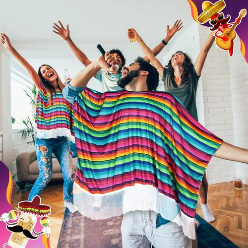 Vista 6 de Poncho de serape para fiesta mexicana del Cinco de Mayo, accesorio colorido para disfraz, divertido y festivo, poncho mexicano para hombre, disfraz