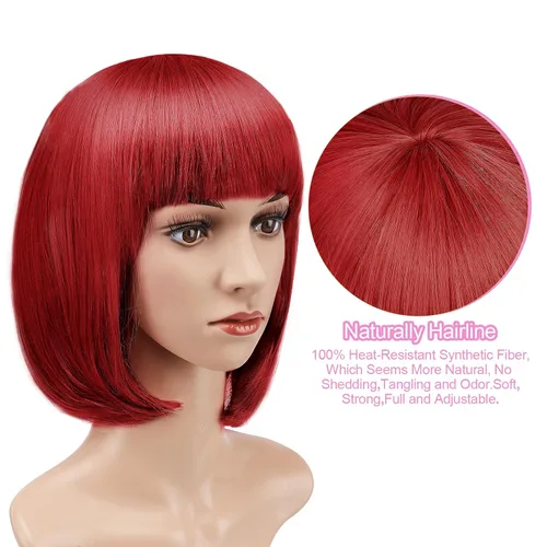 Vista 5 de AGPtek, 13 pulgadas, peluca estilo Bob discoteca, corto, recto, pelo resistente al calor, peluca completa, Rojo