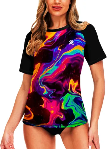 Vista 69 de AOBUTE Camisetas de natación de manga corta para mujer con protección solar degradada