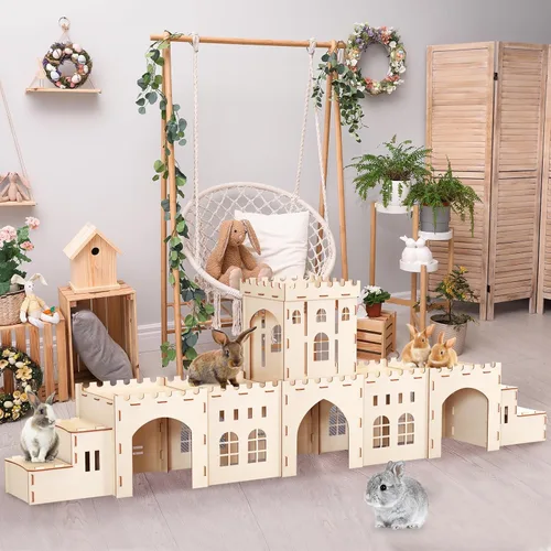 Vista 5 de Woiworco Castillo de Conejo Extra Grande Escondite Conejo Casa de Conejitos 6 Casas, Escondite de Conejo de Madera para Casas de Juego y Escondites