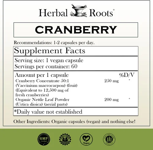 Vista 2 de Herbal Roots Pastillas de arándano extra fuertes para mujeres y hombres con ortiga orgánica Salud del tracto urinario 60 cápsulas veganas