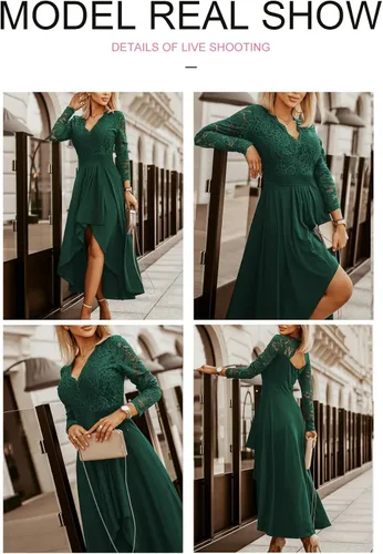 Vista 3 de Bdcoco Womens V Neck Lace Hi Low Cocktail Party Dress Long Sleeve A-Line Swing Gowns