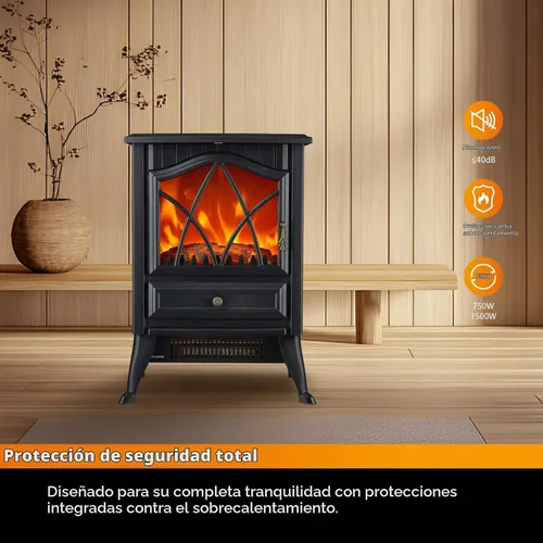 Vista 3 de Calentador eléctrico independiente para estufa de chimenea, 1500 W con efecto de llama LED 3D realista, brillo y termostato ajustables, 2 ajustes