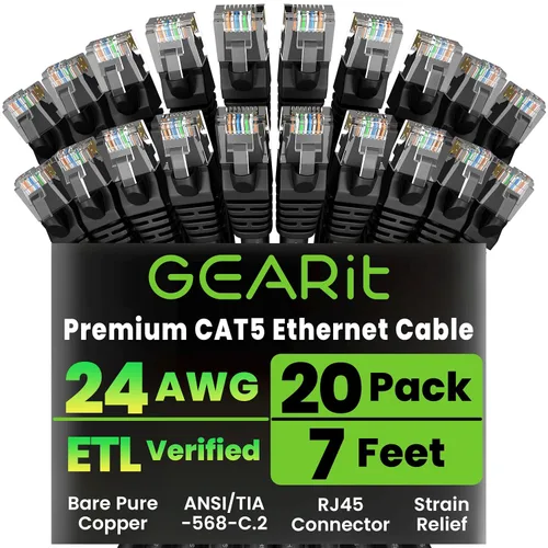 Vista 10 de GearIT Paquete de 20 cables de conexión Ethernet Cat5e de 1 pie - Cable de red LAN RJ45 sin enganches, color negro