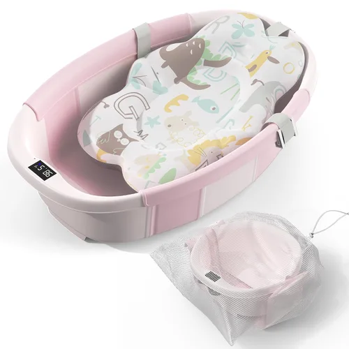 Vista 13 de Bañera Plegable para Bebé - Bañera Grande para Bebé con Termómetro y Cojín Bañera Portátil de Viaje para Recién Nacidos e Infantes Bañera Azul