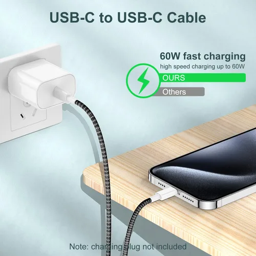 Vista 2 de Cable largo USB C a C de carga rápida de 10 pies, 60 W, cable de carga tipo C a C para Apple iPhone 17 Pro Max/17 Air/16 Pro Max/16/15 Plus/15 Pro