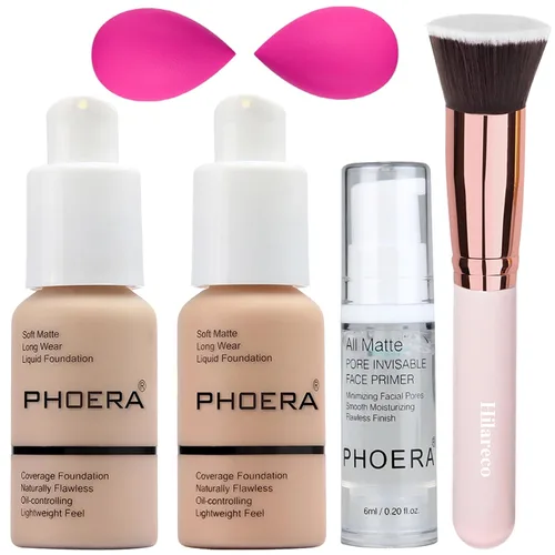Vista 12 de PHOERA - Base de maquillaje mate de cobertura completa, brochas de maquillaje Kabuki (101 porcelana + 102 desnudos)