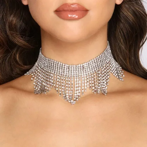 Vista 2 de FUNPARROT Collar con borlas heptagonas de diamantes de imitación para vestido de boda Estrás estrás