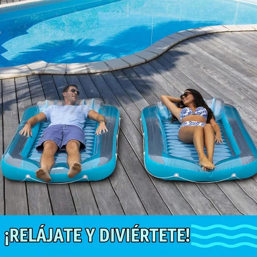 Vista 4 de Flotador inflable azul para tumbona de bronceado – Piscina personal con almohada – 13 años +