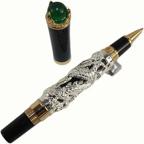 Vista 4 de Gullor Retro Culture Jinhao Rollerball Pen 3D Dragon King Play Pearl Pattern Pen - Plata