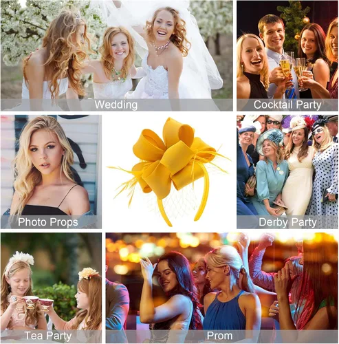 Vista 7 de Myjoyday Tocado para mujer, para fiesta de té, iglesia, cóctel, plumas, velo, diadema con clip para el cabello